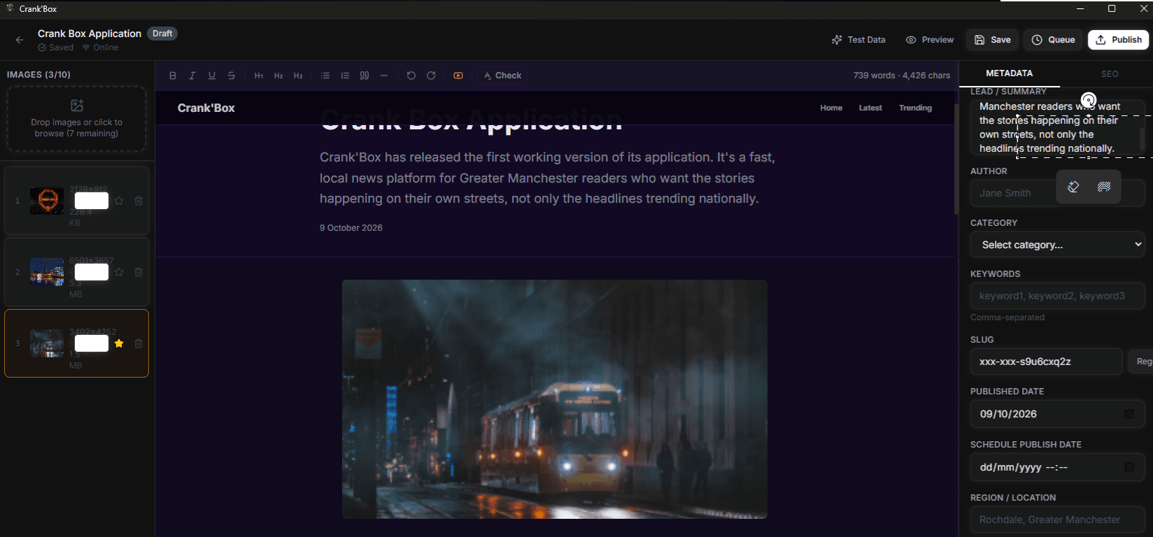The Crank'Box article editor showing a rich-text draft with a hero photo, word count, and a metadata panel for SEO fields, author, and publish date