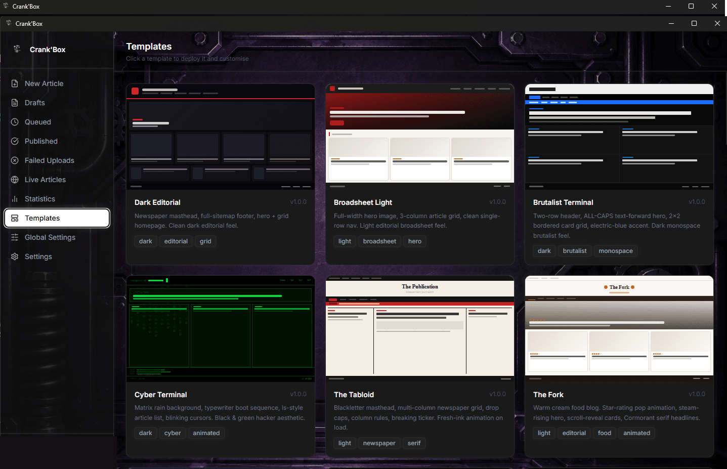 The Crank'Box template picker showing six distinct site designs, from a dark editorial layout to a cream-coloured food blog theme