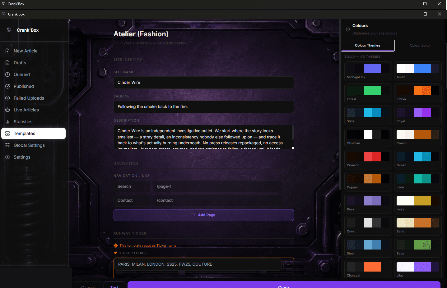 Crank'Box's site identity and colour customisation panel, showing site name, tagline, navigation links, and a grid of selectable colour themes